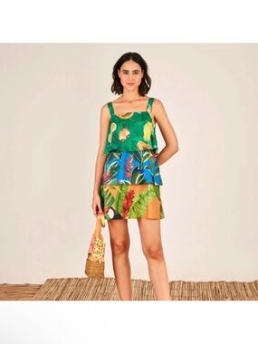 FARM Rio Green Tropical Fruit Tiered Skirt